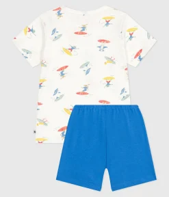 Petit Bateau Schlafanzüge, Pyjamas|Schlafanzüge, Nachthemden*Kinder-Kurzpyjama aus Baumwolle mit Surfmotiv weiss MARSHMALLOW/weiss MULTICO