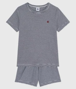 Petit Bateau Schlafanzüge, Pyjamas|Schlafanzüge, Nachthemden*Kinder-Kurzpyjama aus Baumwolle mit Streifen blau SMOKING/weiss MARSHMALLOW