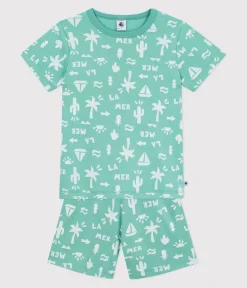 Petit Bateau Schlafanzüge, Pyjamas*Kinder-Kurzpyjama aus bedruckter Baumwolle grün ALOEVERA/weiss MARSHMALLOW