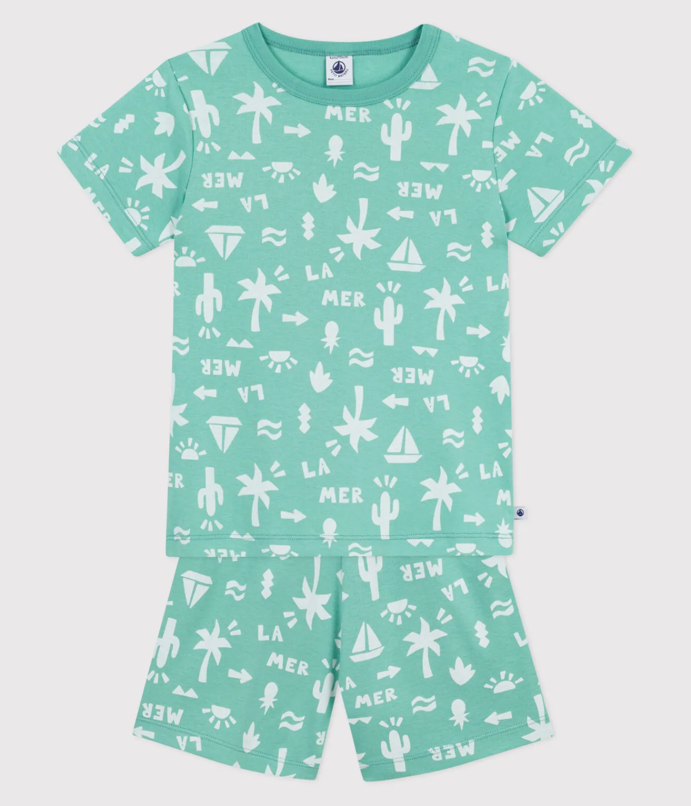 Petit Bateau Schlafanzüge, Pyjamas*Kinder-Kurzpyjama aus bedruckter Baumwolle grün ALOEVERA/weiss MARSHMALLOW
