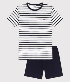 Petit Bateau Herren|Schlafanzüge, Pyjamas*Kinder-Kurzpyjama aus Rippstrick mit Matrosenstreifen weiss MARSHMALLOW/blau SMOKING
