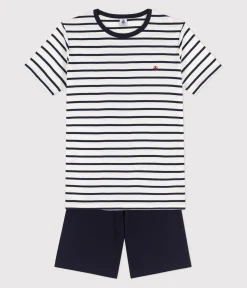 Petit Bateau Herren|Schlafanzüge, Pyjamas*Kinder-Kurzpyjama aus Rippstrick mit Matrosenstreifen weiss MARSHMALLOW/blau SMOKING