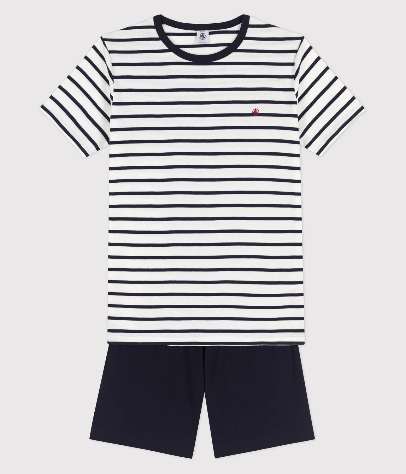 Petit Bateau Herren|Schlafanzüge, Pyjamas*Kinder-Kurzpyjama aus Rippstrick mit Matrosenstreifen weiss MARSHMALLOW/blau SMOKING