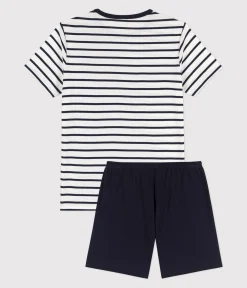 Petit Bateau Herren|Schlafanzüge, Pyjamas*Kinder-Kurzpyjama aus Rippstrick mit Matrosenstreifen weiss MARSHMALLOW/blau SMOKING