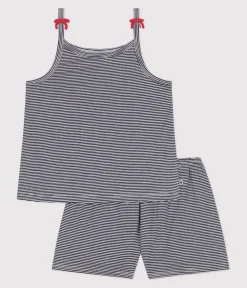 Petit Bateau Schlafanzüge, Nachthemden*Kinder-Kurzpyjama mit schmalen Trägern aus Baumwolle mit Streifen blau SMOKING/weiss MARSHMALLOW