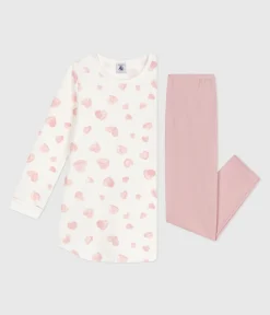 Petit Bateau Schlafanzüge, Nachthemden*Kinder-Nachthemd und Leggings aus Molton mit Herzmotiv rosa JOLI/weiss MULTICO