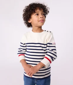 Petit Bateau Sweatshirts, Pullover, Cardigans|Sweatshirts, Pullover, Cardigans*Kinder-Pullover aus Wolle und Baumwolle mit Streifen blau MARSHMALLOW/ SOIR