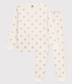 Petit Bateau Schlafanzüge, Nachthemden*Kinder-Pyjama aus Baumwolle mit silberfarbenen Herzen naturfarben MILK/ ARGENT