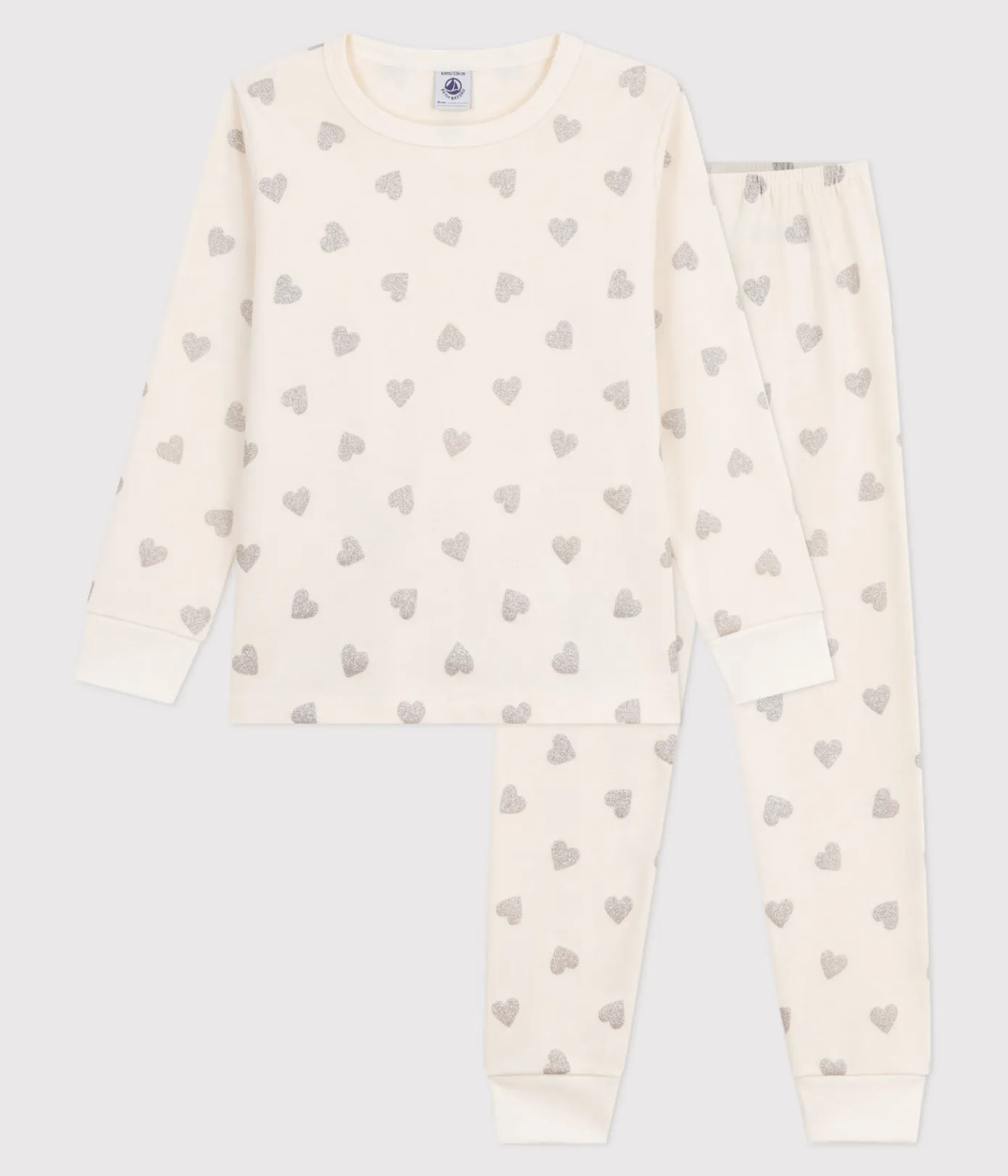 Petit Bateau Schlafanzüge, Nachthemden*Kinder-Pyjama aus Baumwolle mit silberfarbenen Herzen naturfarben MILK/ ARGENT