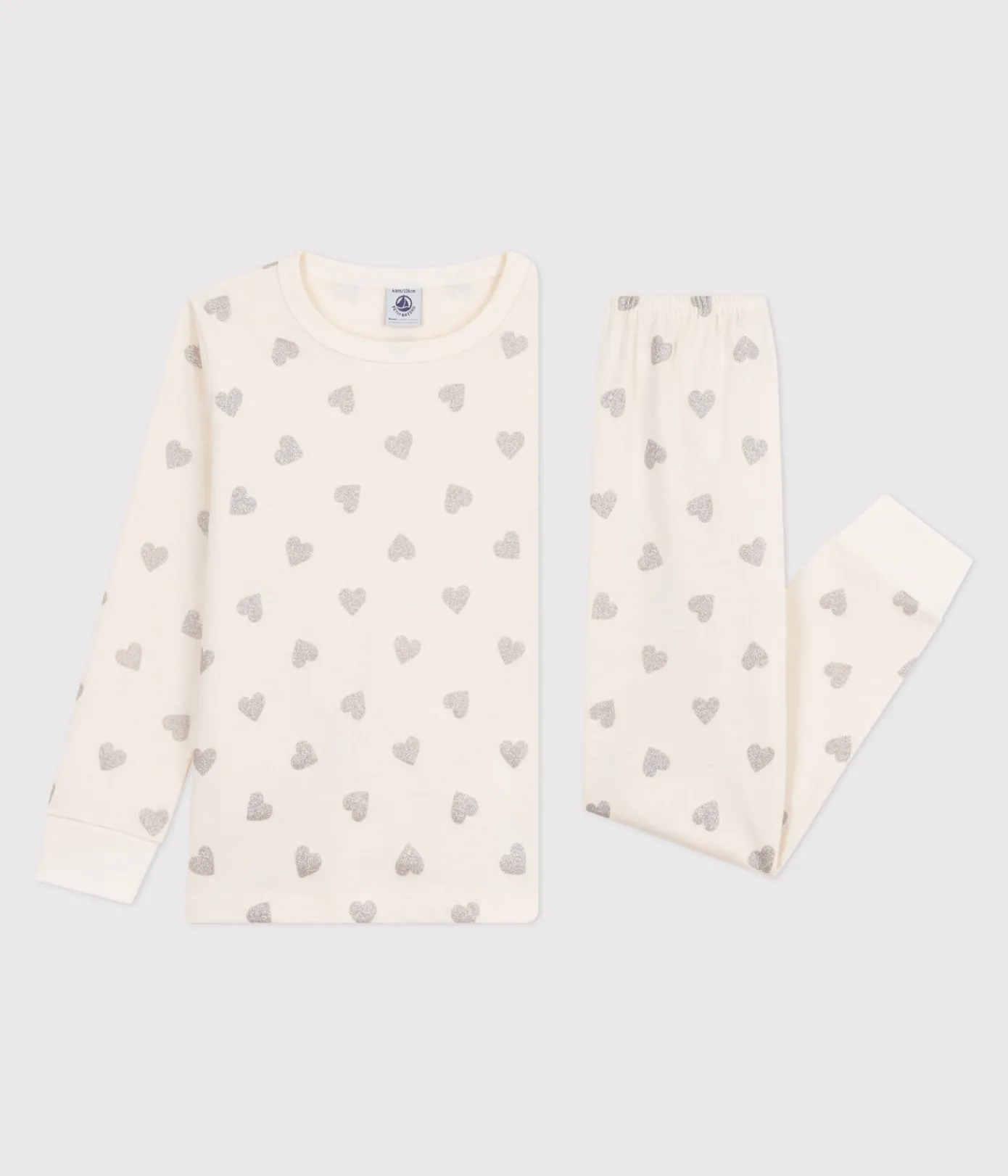 Petit Bateau Schlafanzüge, Nachthemden*Kinder-Pyjama aus Baumwolle mit silberfarbenen Herzen naturfarben MILK/ ARGENT