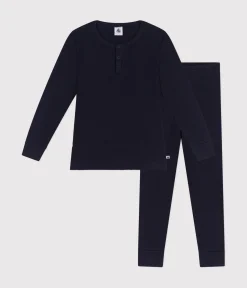Petit Bateau Schlafanzüge, Pyjamas|Schlafanzüge, Nachthemden*Kinder-Pyjama aus einfarbiger Baumwolle blau SMOKING