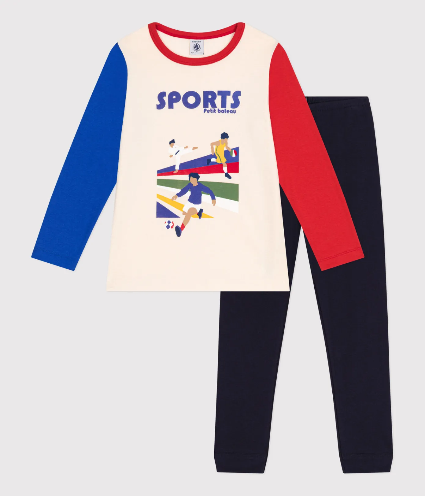 Petit Bateau Schlafanzüge, Pyjamas|Schlafanzüge, Nachthemden*Kinder-Pyjama aus einfarbiger Baumwolle mit Sportmotiven blau SMOKING/weiss MULTICO