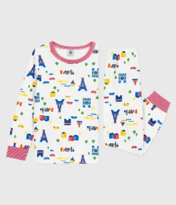 Petit Bateau Schlafanzüge, Pyjamas|Schlafanzüge, Nachthemden*Kinder-Pyjama aus Molton mit Paris-Motiven weiss MARSHMALLOW/weiss MULTICO