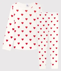 Petit Bateau Schlafanzüge, Pyjamas|Schlafanzüge, Nachthemden*Kinderpyjama aus Rippstrick mit Herzchen für Mädchen weiss MARSHMALLOW/ROT TERKUIT
