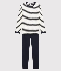 Petit Bateau Herren|Schlafanzüge, Pyjamas*Kinderpyjama aus Rippstrick mit Matrosenstreifen weiss MARSHMALLOW/blau SMOKING