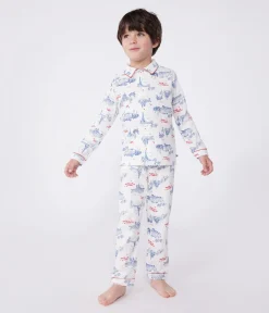 Petit Bateau Schlafanzüge, Pyjamas|Schlafanzüge, Nachthemden*Kinder-Pyjama mit Knopfverschluss aus Baumwolle mit Paris-Motiven weiss MARSHMALLOW/weiss MULTICO