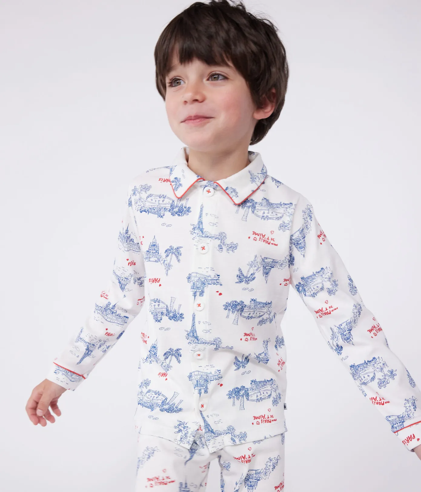 Petit Bateau Schlafanzüge, Pyjamas|Schlafanzüge, Nachthemden*Kinder-Pyjama mit Knopfverschluss aus Baumwolle mit Paris-Motiven weiss MARSHMALLOW/weiss MULTICO