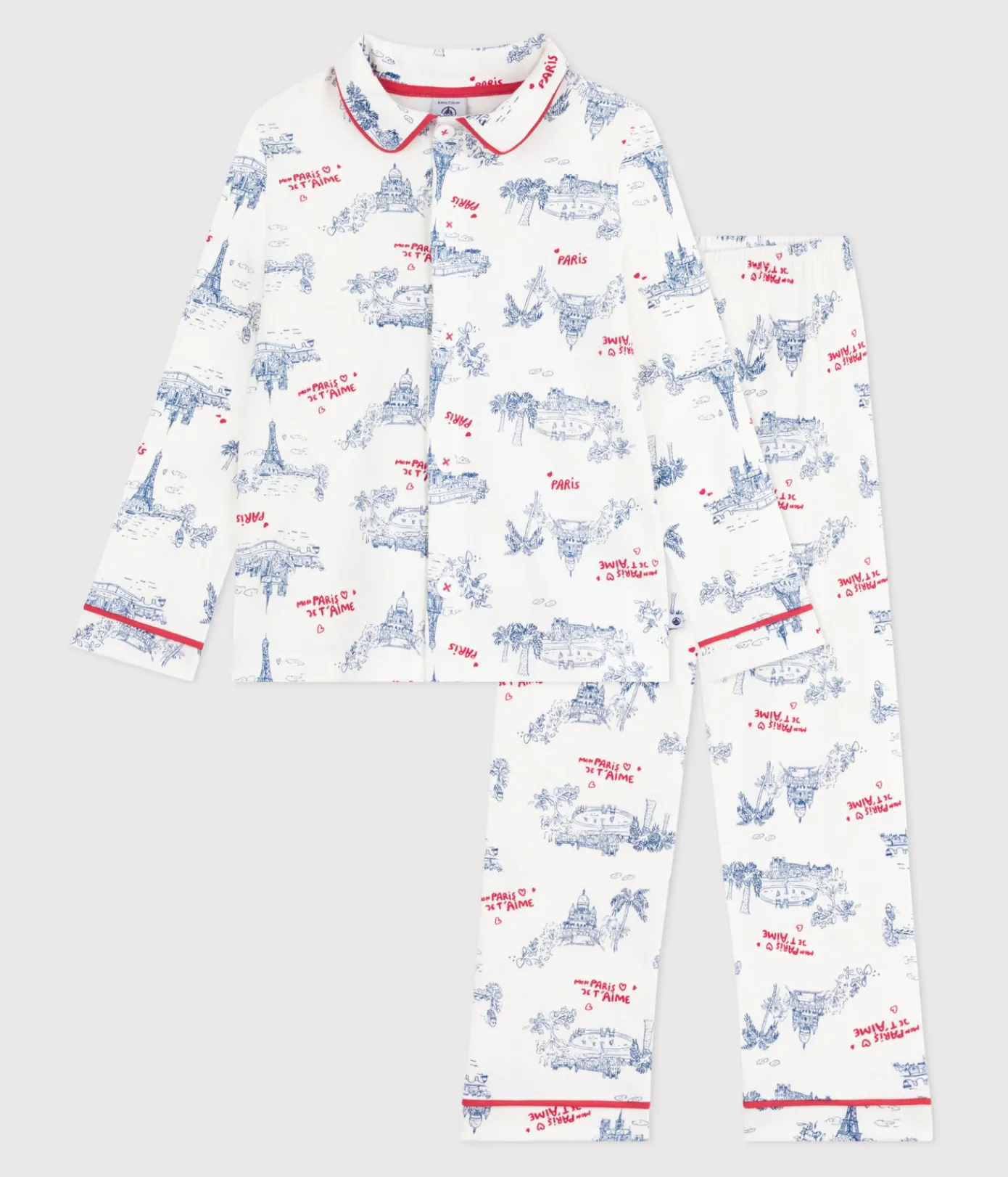 Petit Bateau Schlafanzüge, Pyjamas|Schlafanzüge, Nachthemden*Kinder-Pyjama mit Knopfverschluss aus Baumwolle mit Paris-Motiven weiss MARSHMALLOW/weiss MULTICO