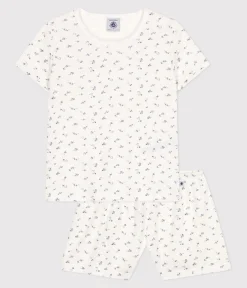 Petit Bateau Schlafanzüge, Nachthemden*Kurzer Kinder-Pyjama aus Baumwolle mit Lochstickerei im Blumenmuster weiss MARSHMALLOW/weiss MULTICO