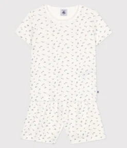 Petit Bateau Schlafanzüge, Nachthemden*Kurzer Kinder-Pyjama aus Baumwolle mit Lochstickerei im Blumenmuster weiss MARSHMALLOW/weiss MULTICO