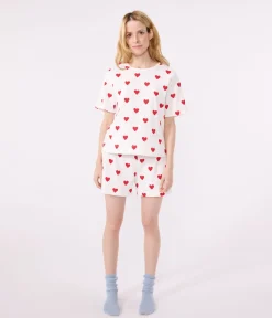 Petit Bateau Schlafanzüge, Nachthemden*Kurz-Pyjama aus Baumwolle für Damen weiss MARSHMALLOW/ROT TERKUIT