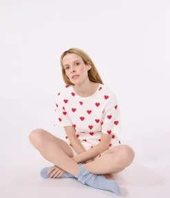 Petit Bateau Schlafanzüge, Nachthemden*Kurz-Pyjama aus Baumwolle für Damen weiss MARSHMALLOW/ROT TERKUIT