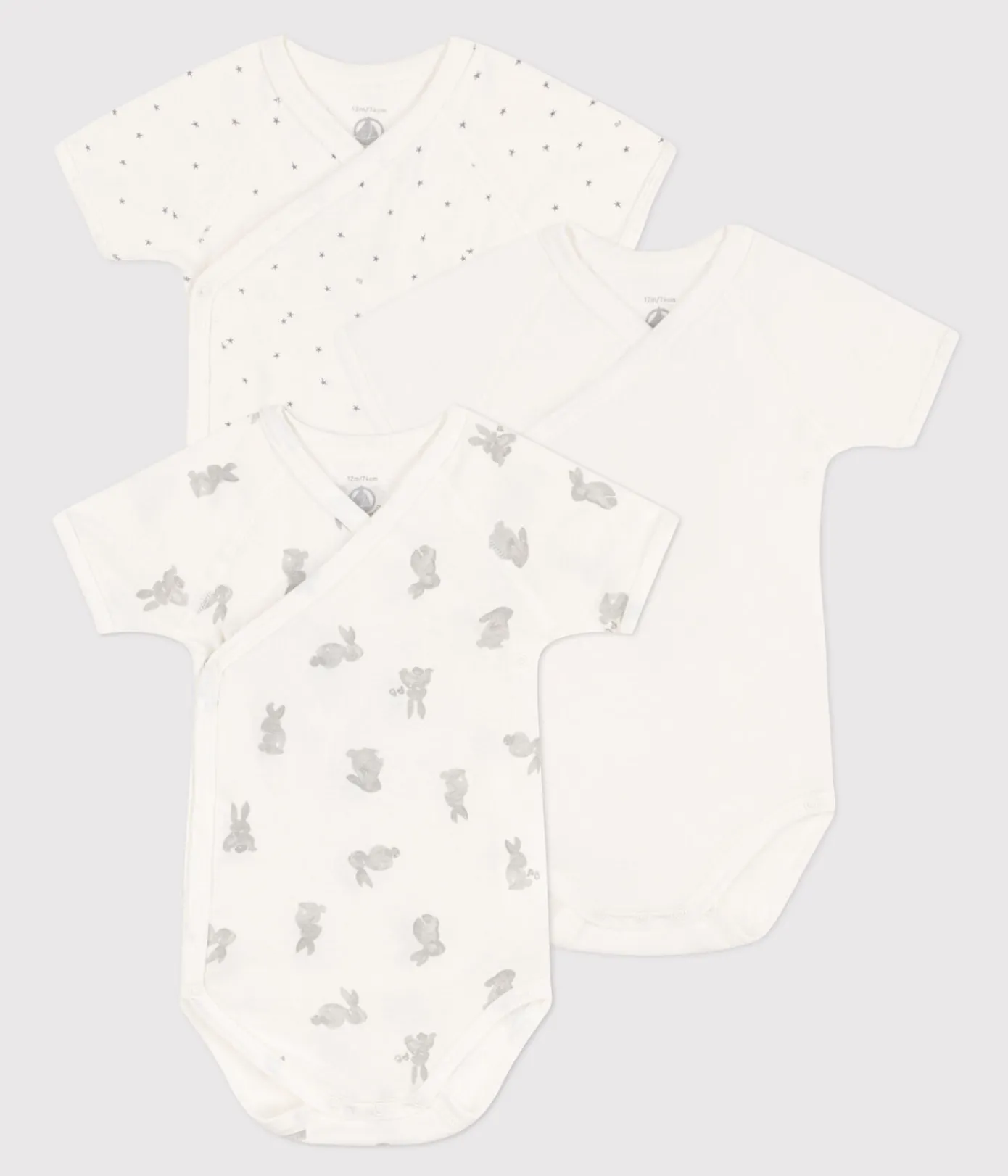 Petit Bateau Bodys|Newborn*Kurzärmelige Wickelbodys aus Baumwolle mit Häschenmotiv im 3er-Set variante 1