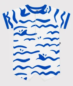 Petit Bateau Sets, Overalls & Latzhosen*Kurzärmeliger Baby-Kurzoverall aus Baumwolle mit Hai-Motiv. blau MARSHMALLOW/ PORCELANA