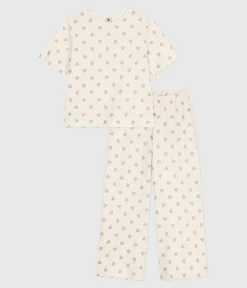 Petit Bateau Homewear|Schlafanzüge, Nachthemden*Kurzärmeliger Damen-Pyjama mit weitem Bein aus Baumwolle mit Herz-Motiv naturfarben MILK/ ARGENT