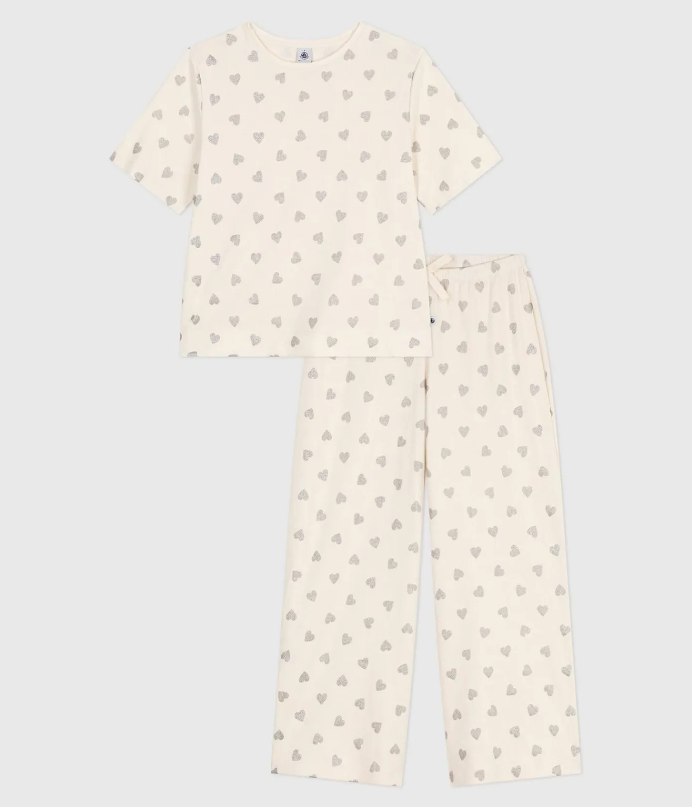 Petit Bateau Homewear|Schlafanzüge, Nachthemden*Kurzärmeliger Damen-Pyjama mit weitem Bein aus Baumwolle mit Herz-Motiv naturfarben MILK/ ARGENT