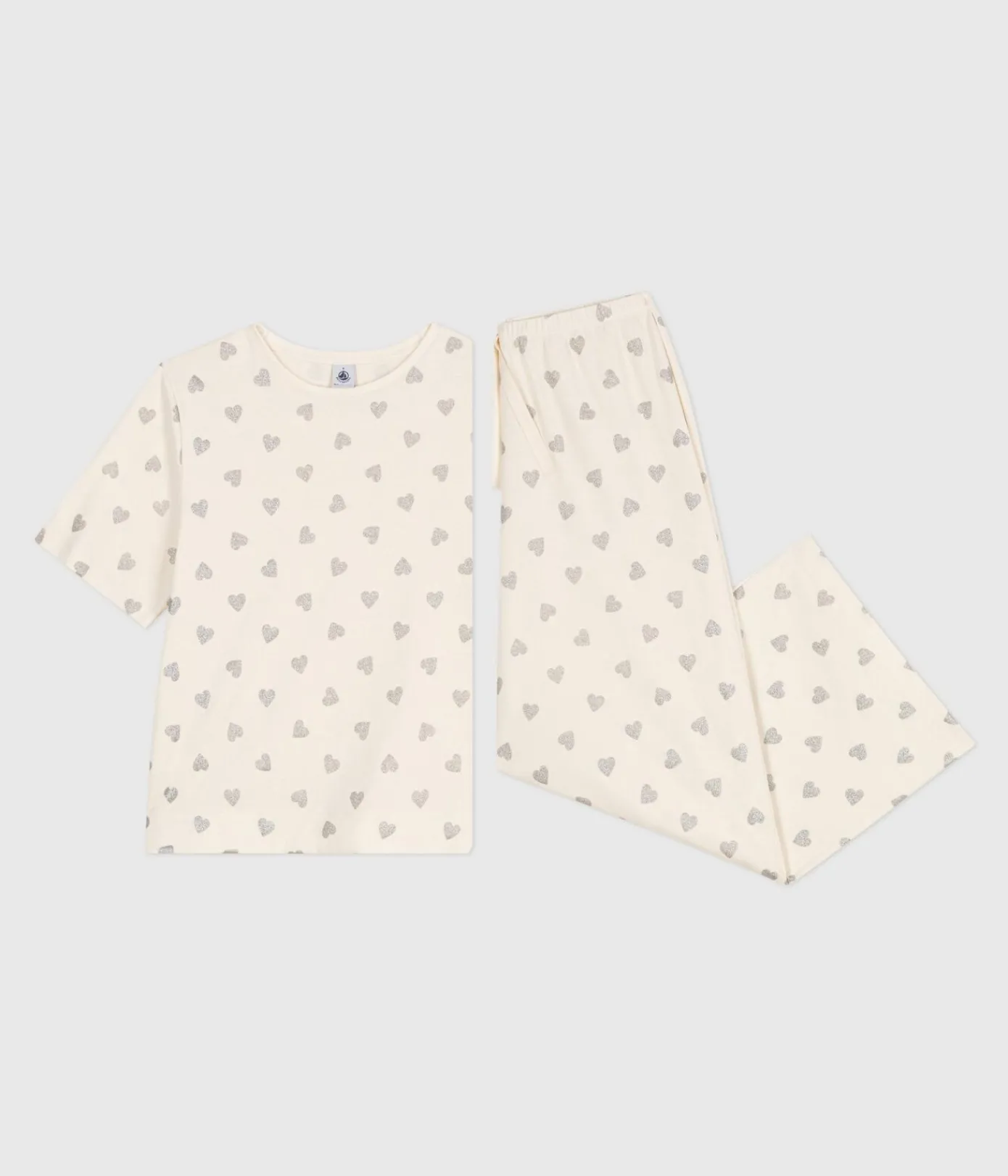 Petit Bateau Homewear|Schlafanzüge, Nachthemden*Kurzärmeliger Damen-Pyjama mit weitem Bein aus Baumwolle mit Herz-Motiv naturfarben MILK/ ARGENT