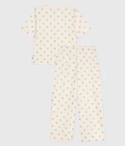 Petit Bateau Homewear|Schlafanzüge, Nachthemden*Kurzärmeliger Damen-Pyjama mit weitem Bein aus Baumwolle mit Herz-Motiv naturfarben MILK/ ARGENT