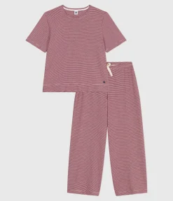 Petit Bateau Homewear|Schlafanzüge, Nachthemden*Kurzärmeliger Damen-Pyjama mit weitem Bein aus Baumwolle mit Streifen ROT AMARANTE/ MARSHMALLOW