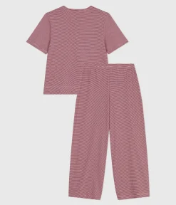 Petit Bateau Homewear|Schlafanzüge, Nachthemden*Kurzärmeliger Damen-Pyjama mit weitem Bein aus Baumwolle mit Streifen ROT AMARANTE/ MARSHMALLOW
