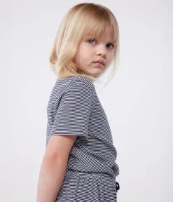 Petit Bateau Schlafanzüge, Nachthemden*Kurzärmeliger Kinder-Pyjama aus Baumwolle mit weiten Beinen und Streifen blau SMOKING/weiss MARSHMALLOW