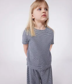 Petit Bateau Schlafanzüge, Nachthemden*Kurzärmeliger Kinder-Pyjama aus Baumwolle mit weiten Beinen und Streifen blau SMOKING/weiss MARSHMALLOW