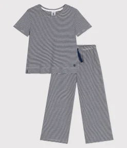 Petit Bateau Schlafanzüge, Nachthemden*Kurzärmeliger Kinder-Pyjama aus Baumwolle mit weiten Beinen und Streifen blau SMOKING/weiss MARSHMALLOW