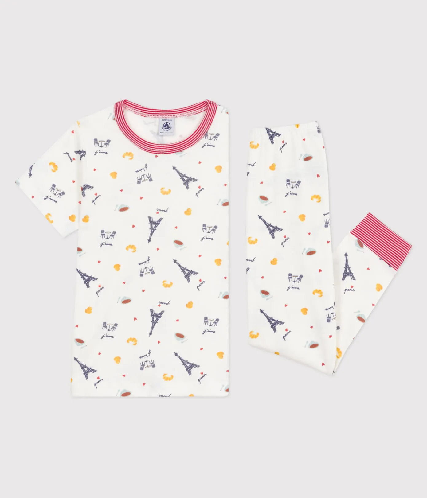 Petit Bateau Schlafanzüge, Pyjamas|Schlafanzüge, Nachthemden*Kurzärmeliger Kinder-Pyjama mit langen Beinen aus bedruckter Baumwolle weiss MARSHMALLOW/weiss MULTICO