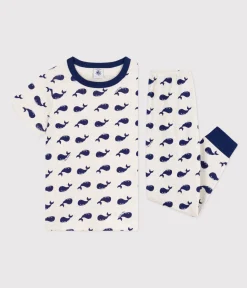 Petit Bateau Schlafanzüge, Pyjamas|Schlafanzüge, Nachthemden*Kurzärmeliger Kinder-Pyjama mit langen Beinen aus bedruckter Baumwolle beige MONTELIMAR/blau MEDIEVAL