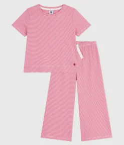 Petit Bateau Schlafanzüge, Nachthemden*Kurzärmeliger Kinder-Pyjama aus Baumwolle mit weiten Beinen und Streifen rosa PEONIA/ MARSHMALLOW