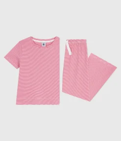 Petit Bateau Schlafanzüge, Nachthemden*Kurzärmeliger Kinder-Pyjama aus Baumwolle mit weiten Beinen und Streifen rosa PEONIA/ MARSHMALLOW