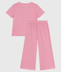 Petit Bateau Schlafanzüge, Nachthemden*Kurzärmeliger Kinder-Pyjama aus Baumwolle mit weiten Beinen und Streifen rosa PEONIA/ MARSHMALLOW