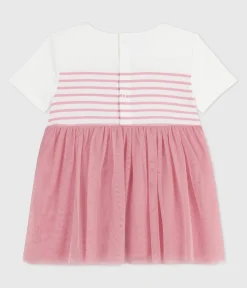 Petit Bateau Kleider*Kurzärmeliges Baby-Kleid aus Baumwolle und Tüll, gestreiftes Oberteil weiss MARSHMALLOW/rosa CHARME
