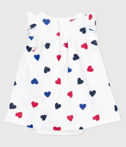 Petit Bateau Kleider|Newborn*Kurzärmeliges Baby-Kleid aus Baumwolle mit integriertem Body und dreifarbigem Herzmotiv weiss MARSHMALLOW/weiss MULTICO