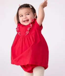 Petit Bateau Kleider*Kurzärmeliges Babykleid aus einfarbiger Baumwolle und dazu passender Bloomer ROT TERKUIT