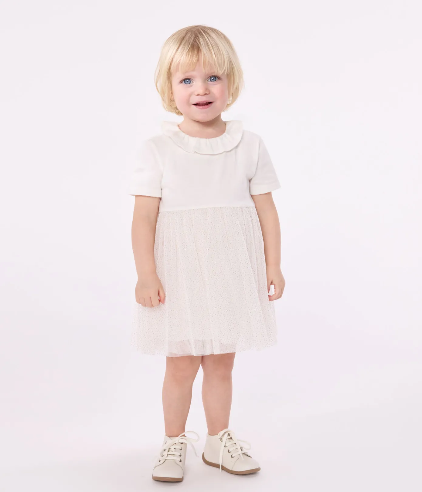 Petit Bateau Kleider*Kurzärmeliges Baby-Kleid aus Baumwolle und Tüll mit Halskrause weiss MARSHMALLOW/rosa COPPER