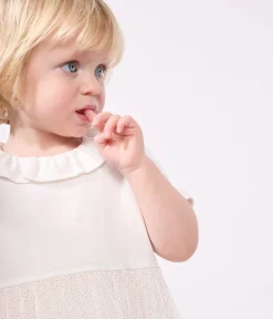 Petit Bateau Kleider*Kurzärmeliges Baby-Kleid aus Baumwolle und Tüll mit Halskrause weiss MARSHMALLOW/rosa COPPER
