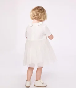 Petit Bateau Kleider*Kurzärmeliges Baby-Kleid aus Baumwolle und Tüll mit Halskrause weiss MARSHMALLOW/rosa COPPER