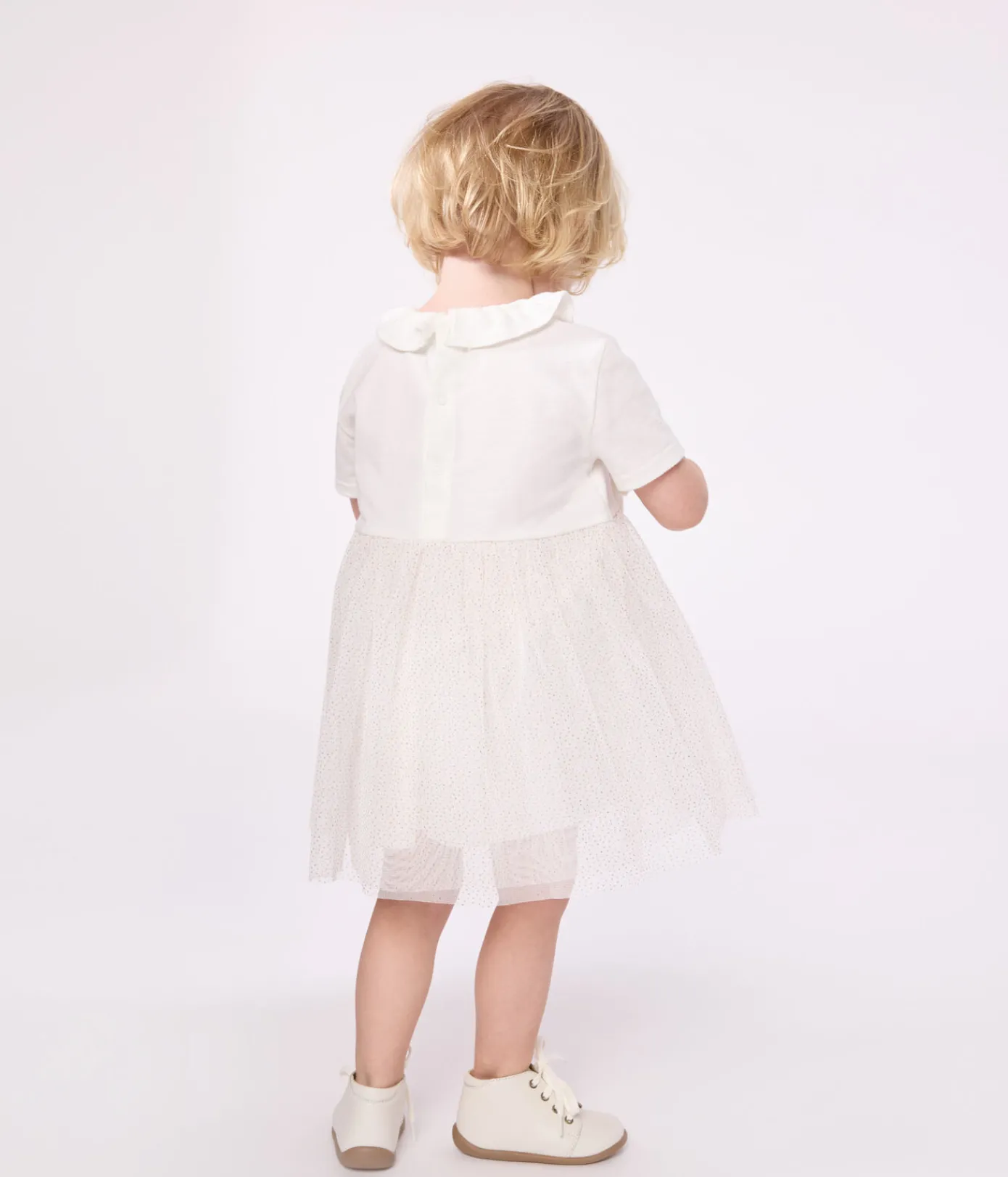 Petit Bateau Kleider*Kurzärmeliges Baby-Kleid aus Baumwolle und Tüll mit Halskrause weiss MARSHMALLOW/rosa COPPER