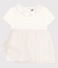 Petit Bateau Kleider*Kurzärmeliges Baby-Kleid aus Baumwolle und Tüll mit Halskrause weiss MARSHMALLOW/rosa COPPER